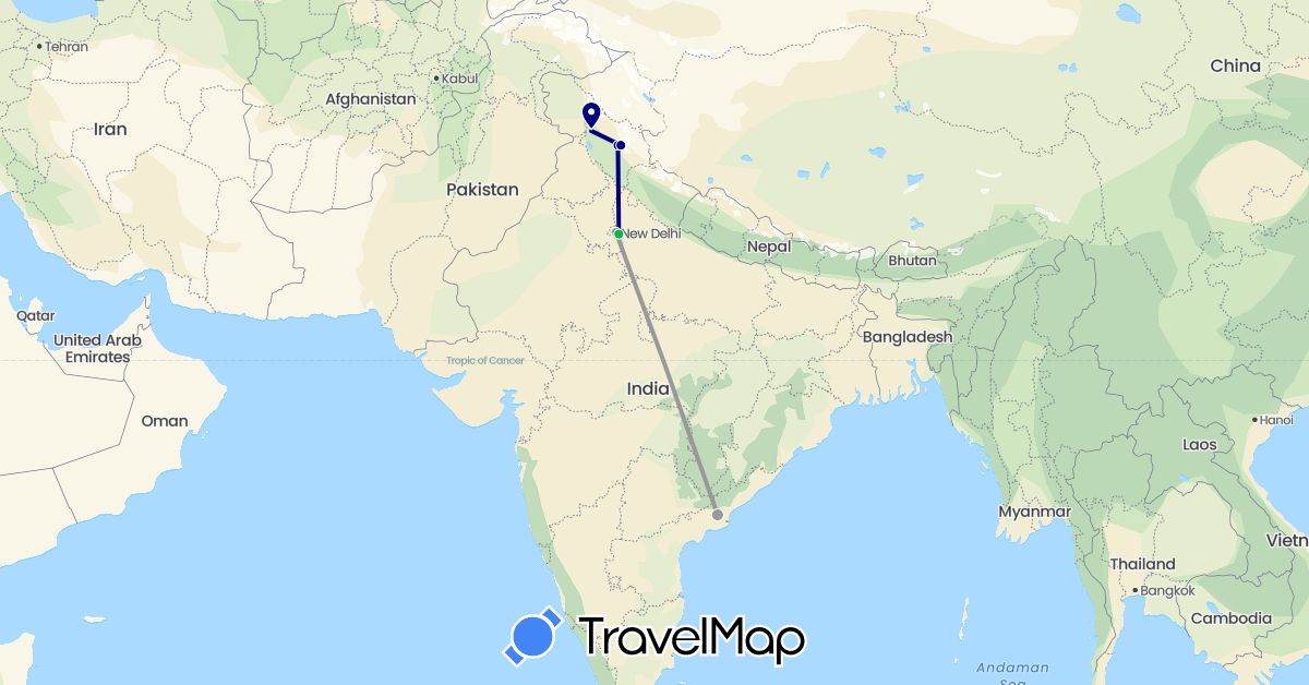 TravelMap itinerary: driving, bus, plane in India (Asia)